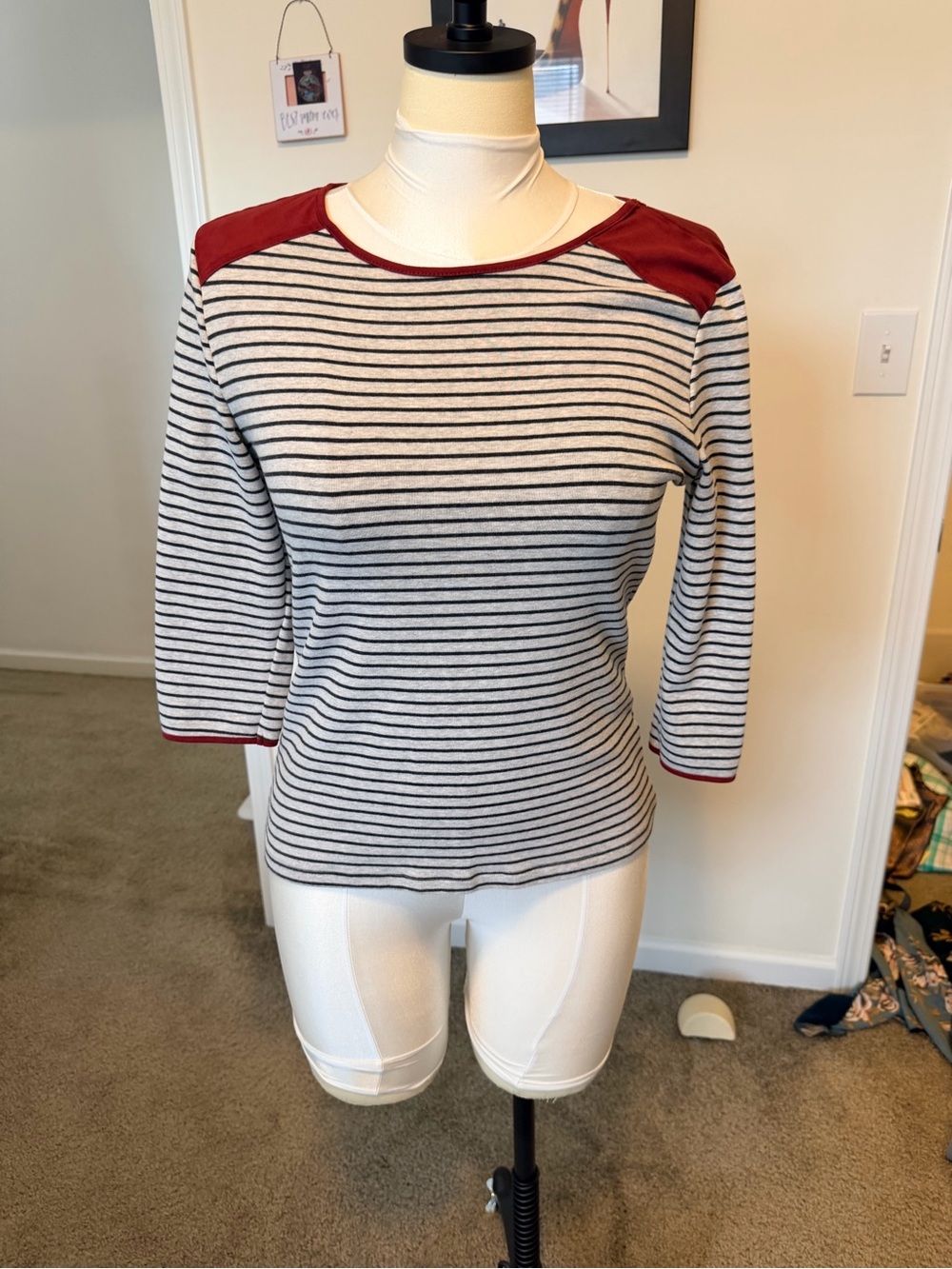 Striped Crewneck Top with Red Shoulder Accents